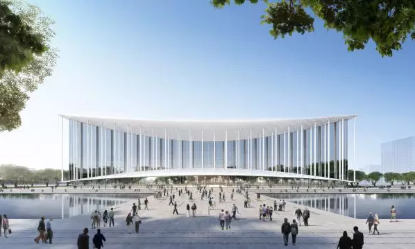 西安絲路國際會議中心位于西安浐灞生態(tài)區(qū)灞河之濱，總建筑面積20萬平方米，外輪廓呈正方形，是一座集生態(tài)化、國際化、智能化為一體的會議中心。會議中心以簡明抽象的手筆，傳承了中國古典建筑特征，創(chuàng)造出現(xiàn)代而經(jīng)典，大氣而精致，莊重而優(yōu)雅的標志形象。圖為西安絲路國際會議中心效果圖。（中建深圳裝飾有限公司 供圖）